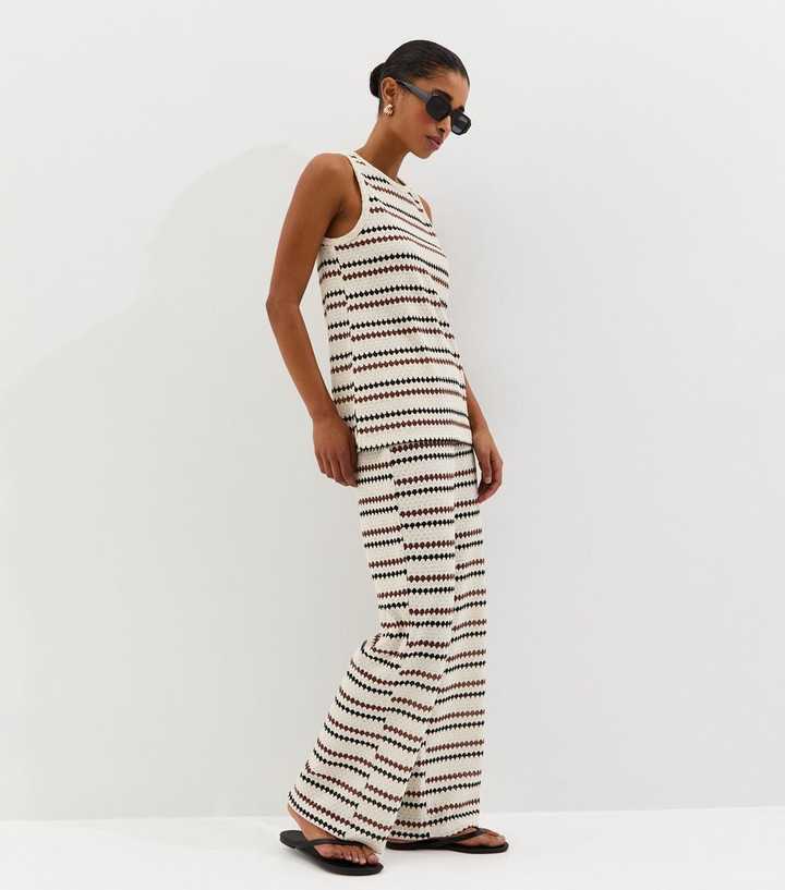Cream Knitted Multi Stripe Beach Wide Leg Trousers