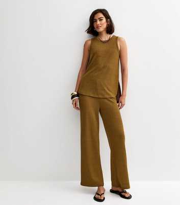 Khaki Brown Textured Wide Leg Trousers