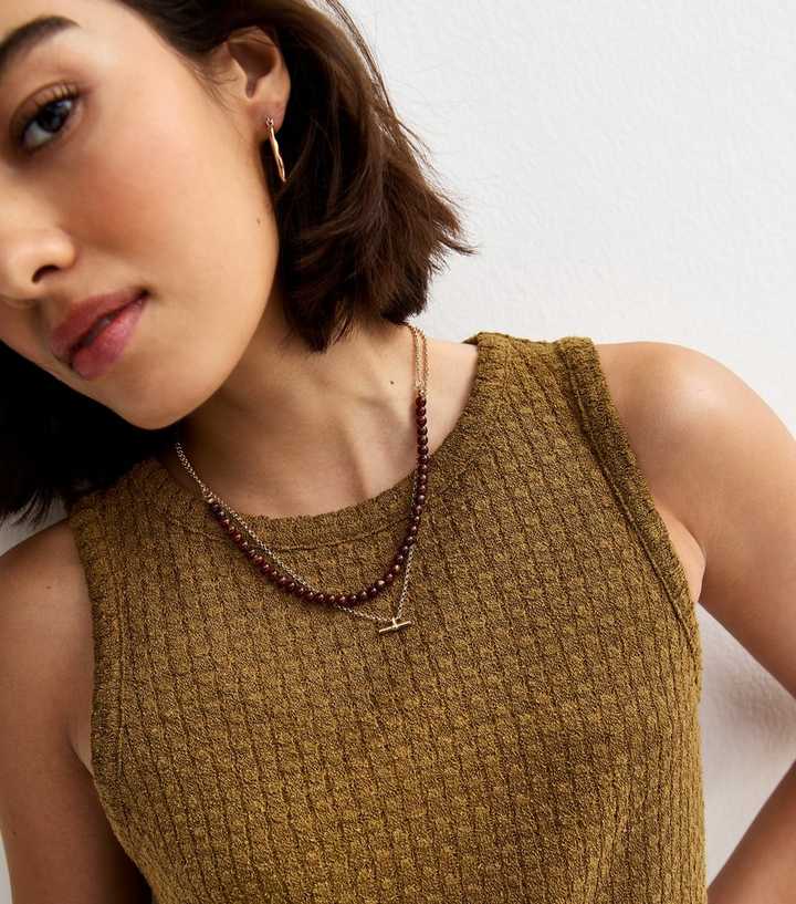 Khaki Brown Soft Touch Textured Slit Hem Vest Top