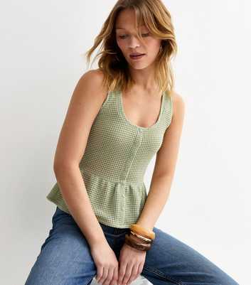 Light Green Textured Knit Button Up Peplum Top