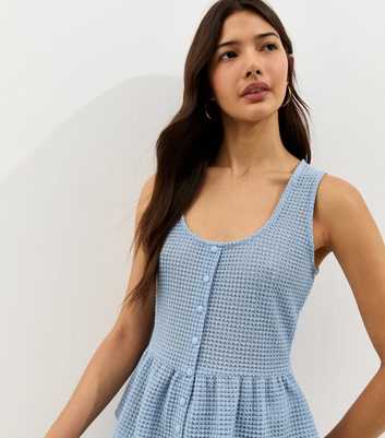 Blue Textured Knit Button Up Peplum Top