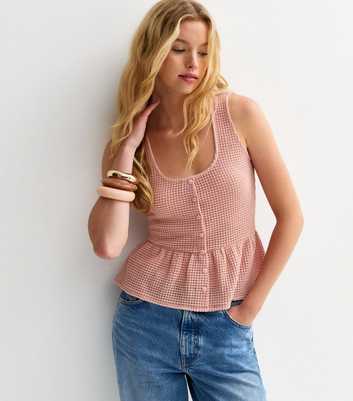Pink Textured Knit Button Up Peplum Top