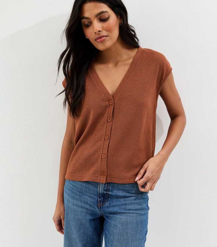 Tan Soft Touch Button Up V-Neck Top