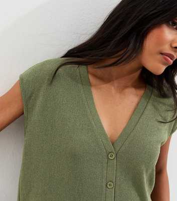 Khaki Soft Touch Button Up V-Neck Top