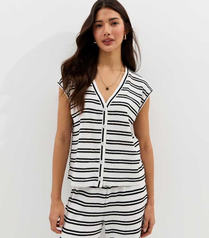 White Soft Touch Textured Striped Button Front Top