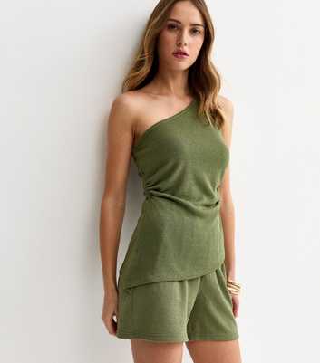 Light Khaki Textured One Shoulder Top