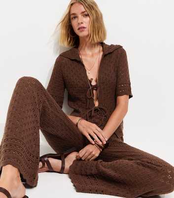 Dark Brown Pointelle Knit Flared Trousers