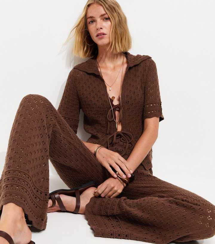 Dark Brown Pointelle Knit Flared Trousers