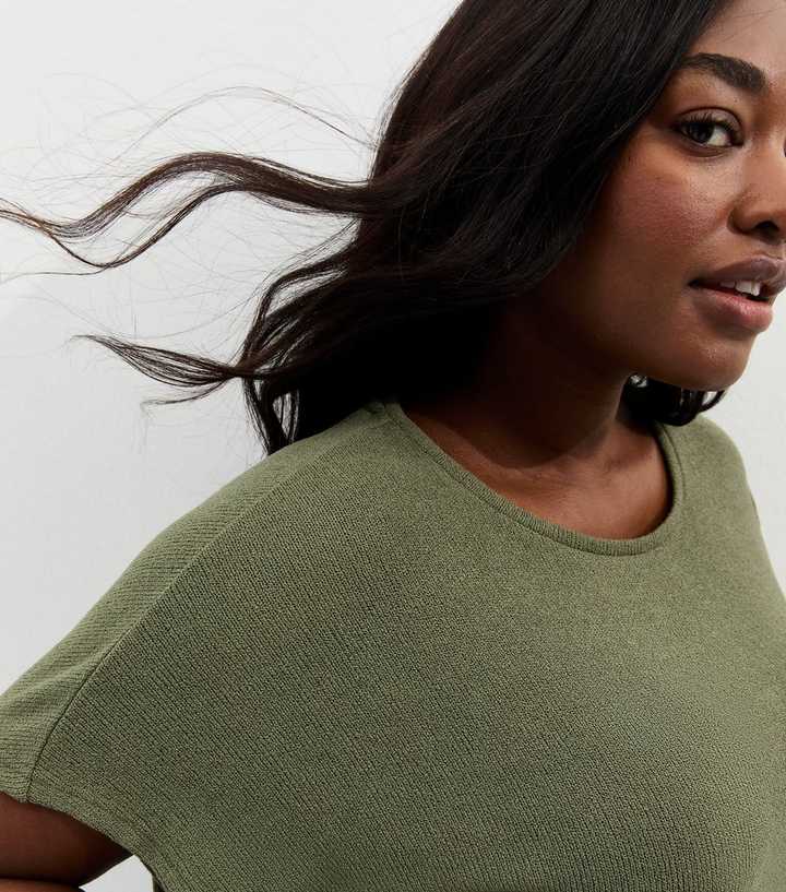Curves Light Khaki Slouchy Textured T-Shirt