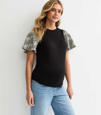 Maternity Black Soft Touch Contrast Check Sleeve Top
