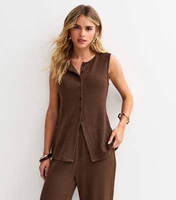 Petite Brown Textured Button Waistcoat