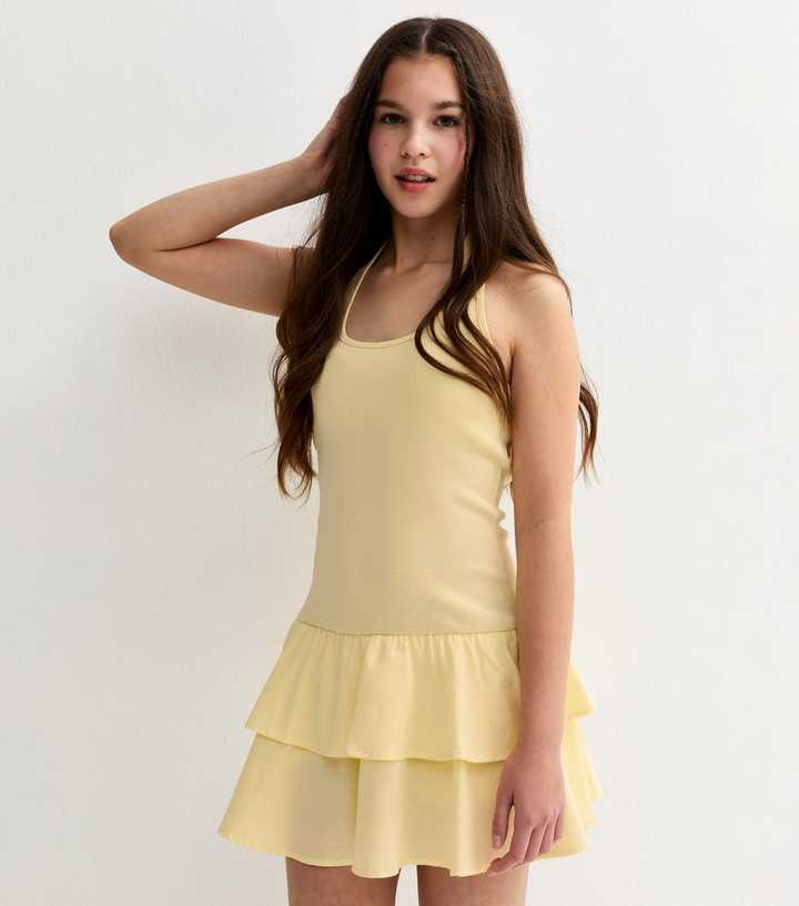 Girls Light Yellow Halter Neck Rara Mini Dress | New Look