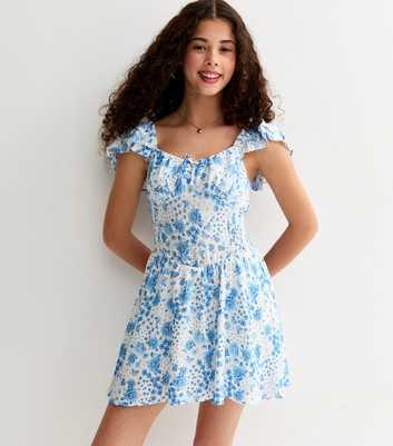 Girls Blue Rose Print Sweetheart Mini Dress