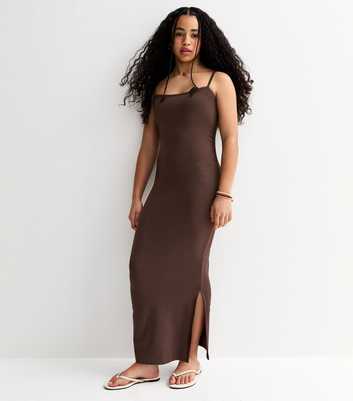 Girls Dark Brown Ruched Jersey Maxi Dress