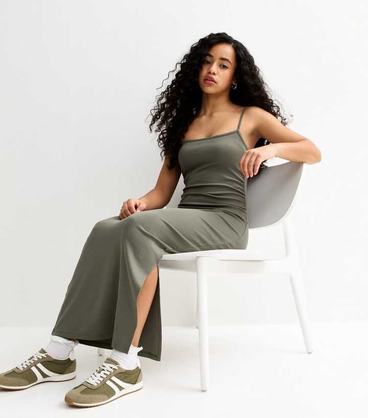 Girls Khaki Ruched Jersey Maxi Dress