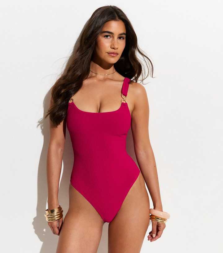 Dark Pink Tummy Control Double Ring Trim Swimsuit