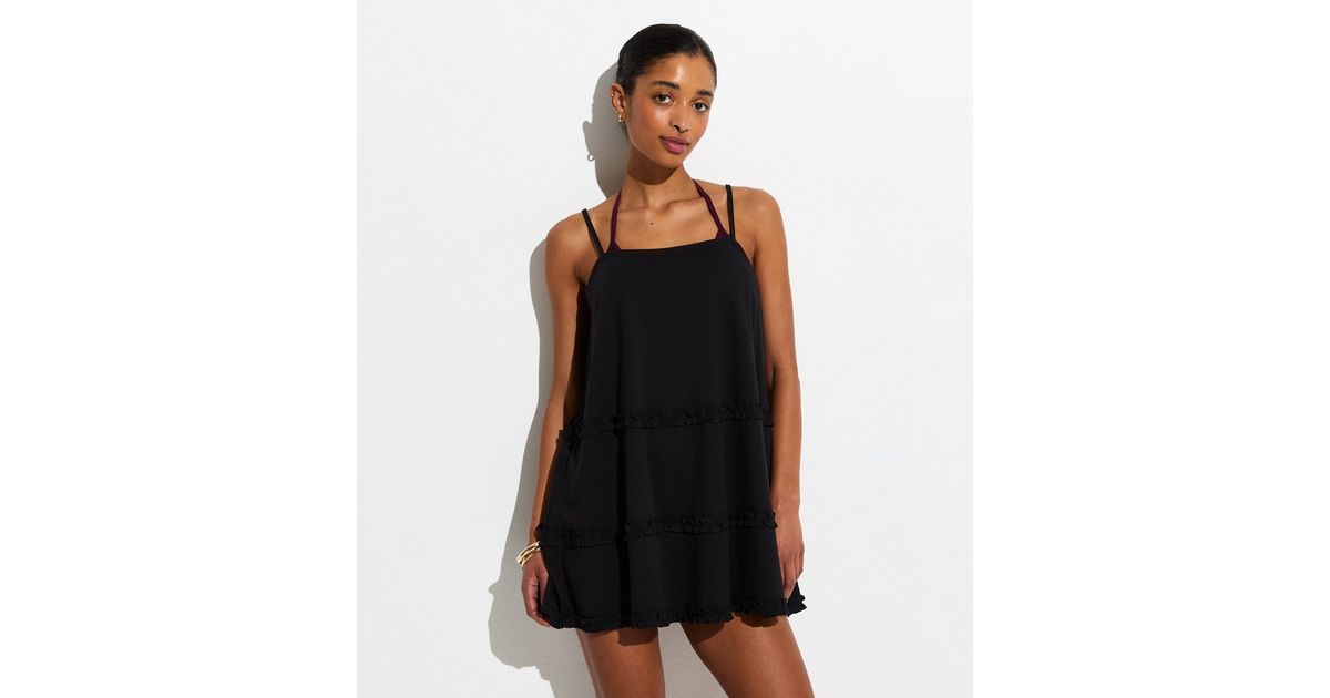 Black Cotton Jersey Ruffled Mini Dress