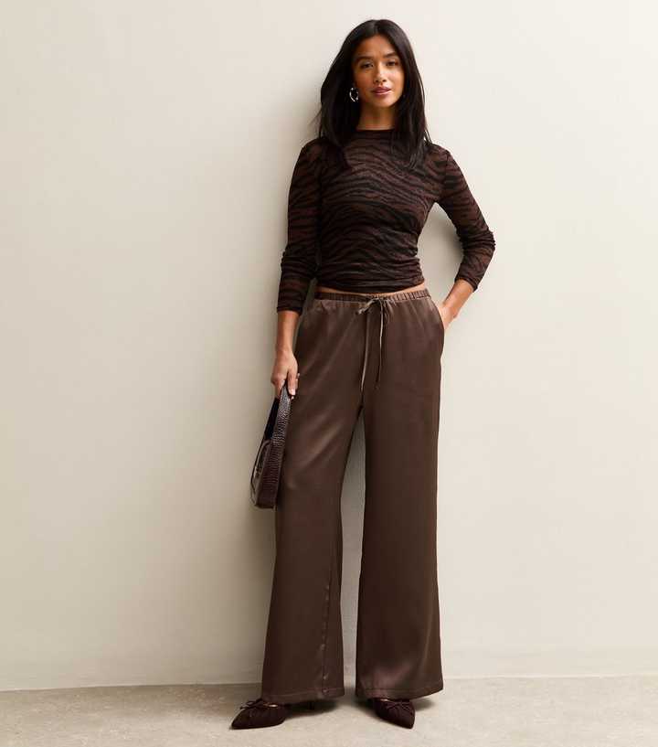 Petite Dark Brown Satin Wide Leg Trousers