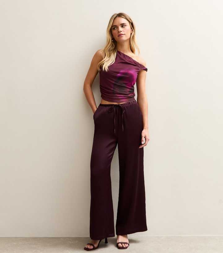 Petite Burgundy Satin Wide Leg Trousers