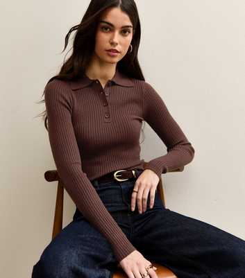 Dark Brown Lightweight Polo Button Jumper