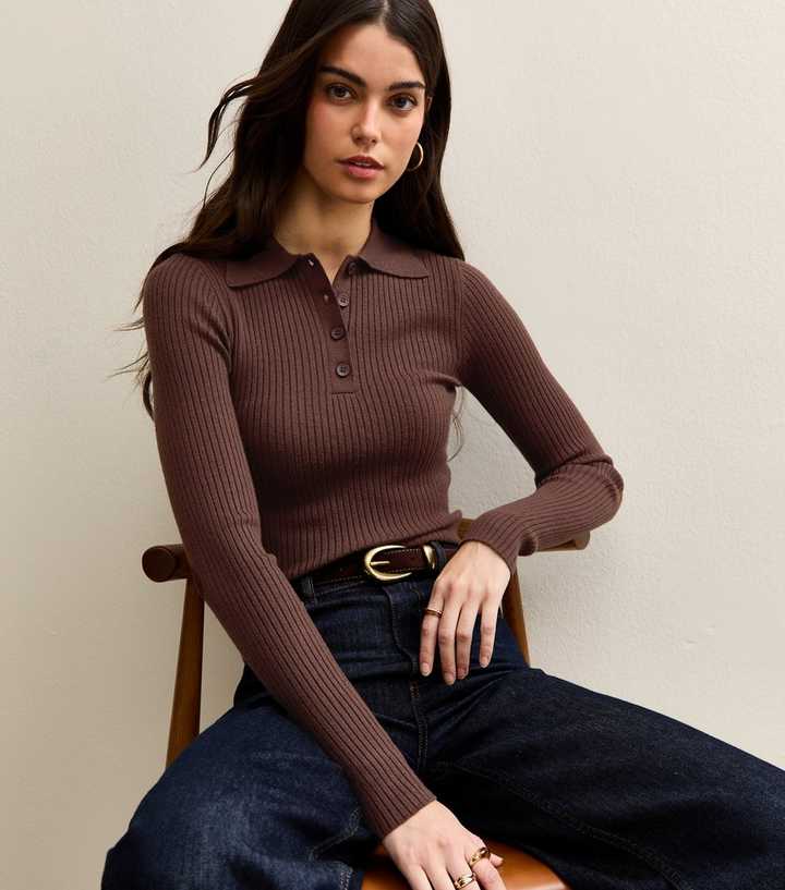Dark Brown Lightweight Polo Button Jumper