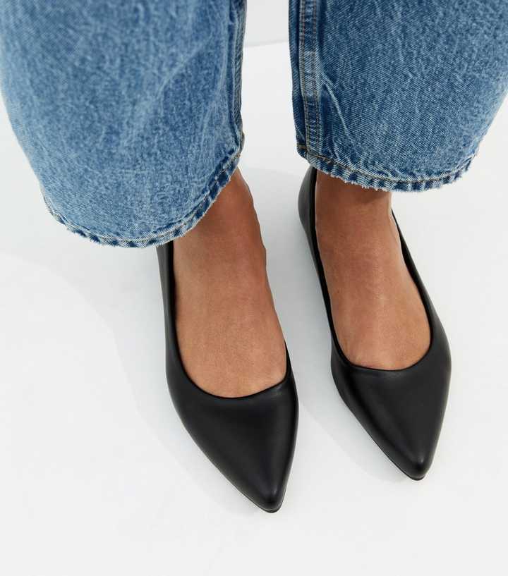 Black Faux Leather Pointed Ballet Flats