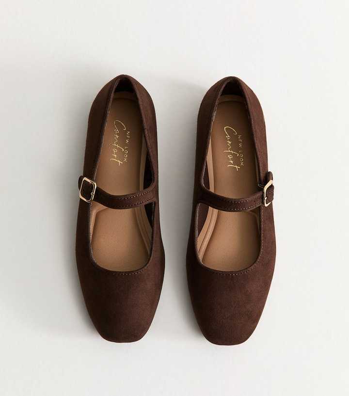 Dark Brown Faux Suede Mary Jane Ballet Flats