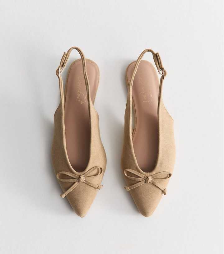 Camel Faux Suede Top Bow Pointed Slingback Pumps