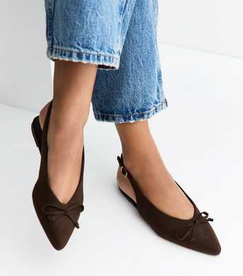 Brown Faux Suede Top Bow Pointed Slingback Pumps