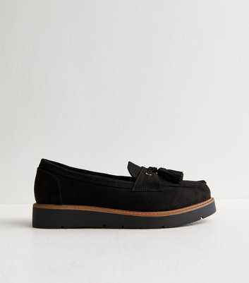 Wide Fit Black Faux Suede Flatform Loafers