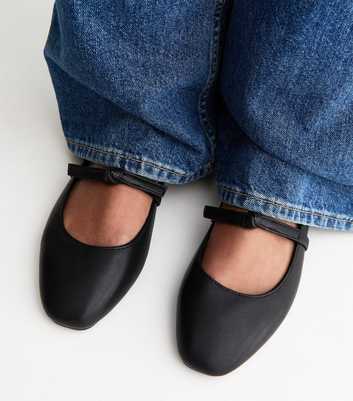 Wide Fit Black Faux Leather Bow Strap Mary Jane Flats