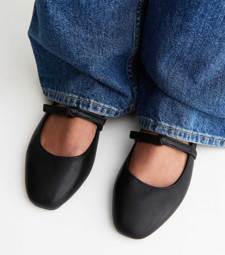 Wide Fit Black Faux Leather Bow Strap Mary Jane Flats