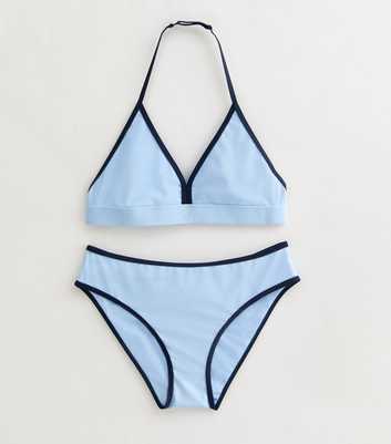 Girls Light Blue Contrast Binding Triangle Bikini Set