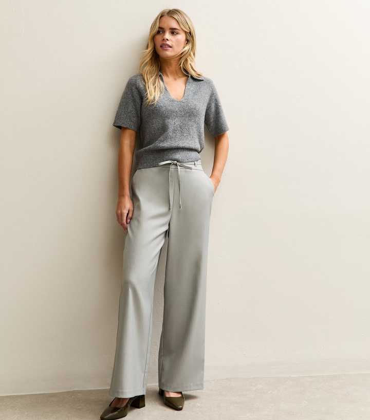 Petite Grey Tie Waist Wide Leg Trouser