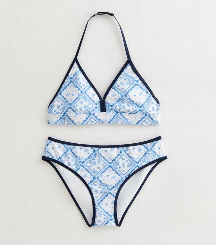 Girls Blue Floral Tile Pattern Triangle Bikini Top and Bottoms Set