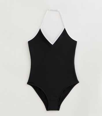 Girls Black Contrast Trim Halter Neck Swimsuit