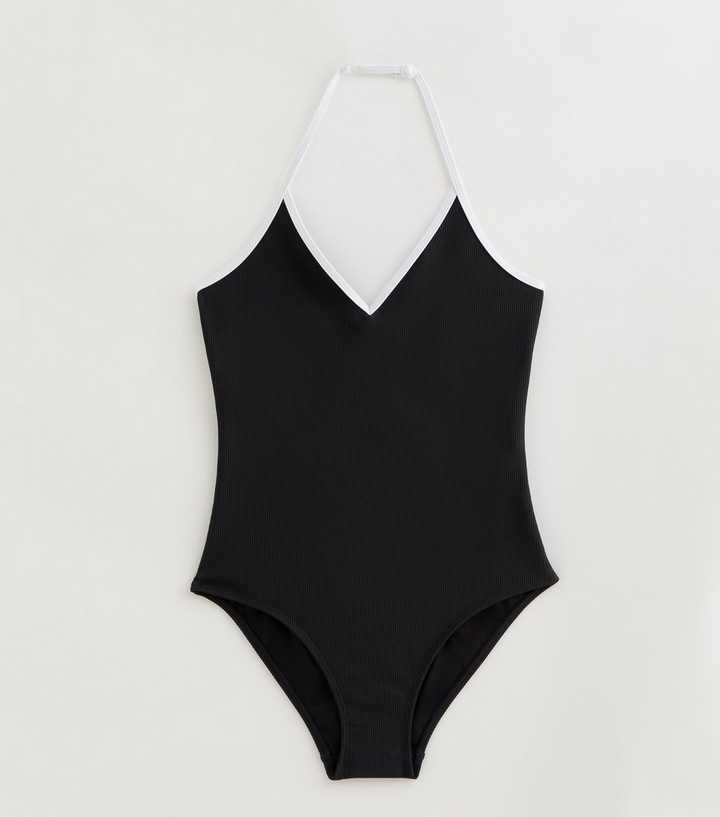 Girls Black Contrast Trim Halter Neck Swimsuit