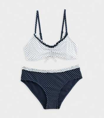 Girls White and Navy Trim Contrast  Polka Dot Crop Top and Bottoms Bikini Set