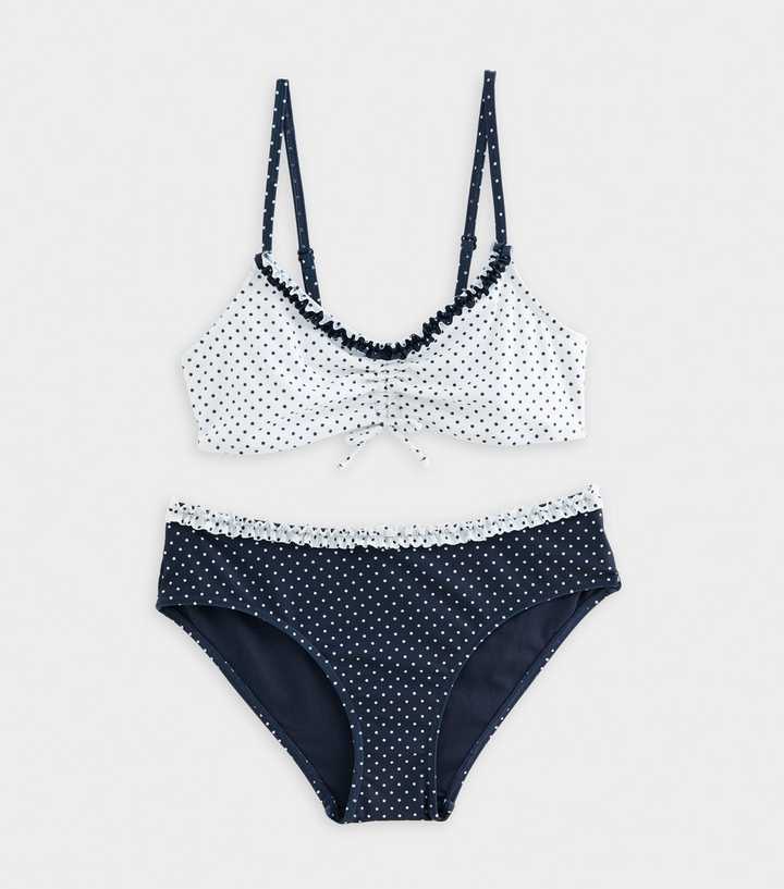 Girls White and Navy Trim Contrast  Polka Dot Crop Top and Bottoms Bikini Set