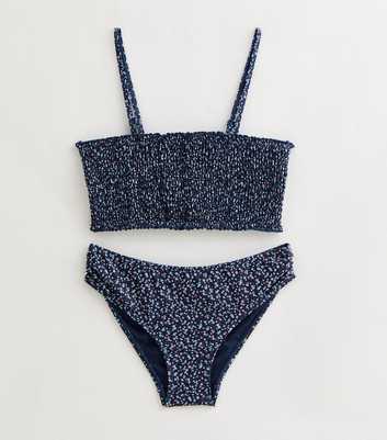 Girls Navy Ditsy Floral Shirred Bandeau Bikini Set