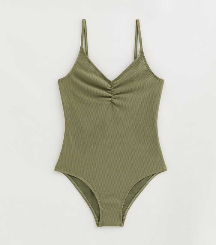 Girls Khaki Ruched Front Swimsuit