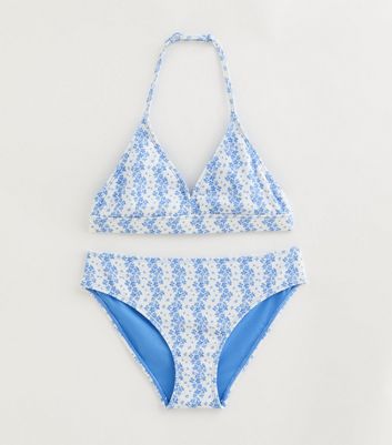 Girls Light Blue Floral Ribbed Triangle Bikini Top and Bottoms Set