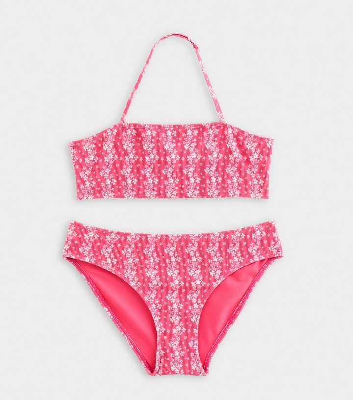 Girls Dark Pink Floral Stripe Bandeau Bikini Top and Bottoms Set