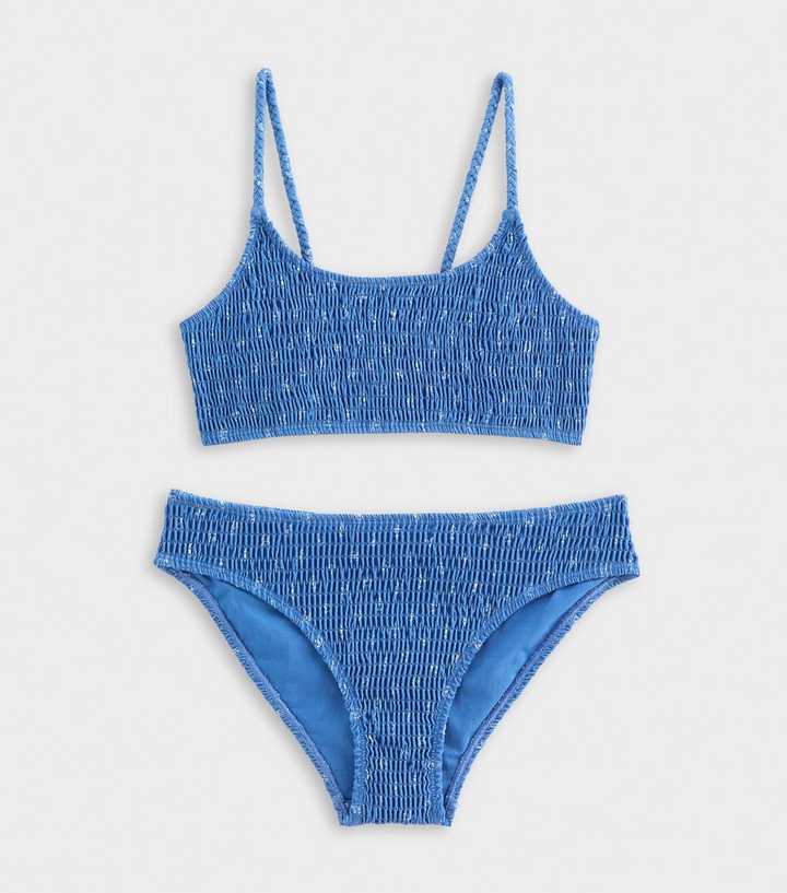 Girls Blue Shirred Plaited Strap Crop Bikini Top and Bottoms Set