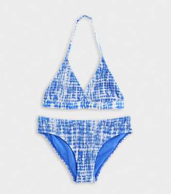 Girls Blue Shirred Triangle Bikini Top and Bottoms Set