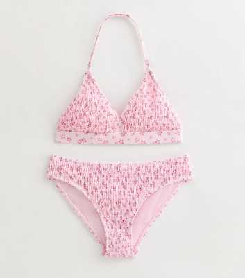 Girls Light Pink Floral Shirred Bikini Set