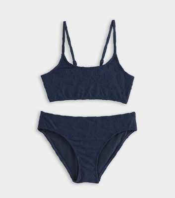 Girls Navy Towelling Bikini Crop Top and Bikini Bottoms