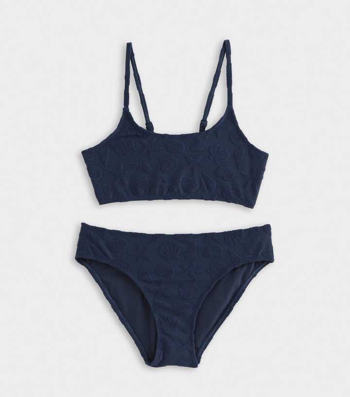Girls Navy Towelling Bikini Crop Top and Bikini Bottoms