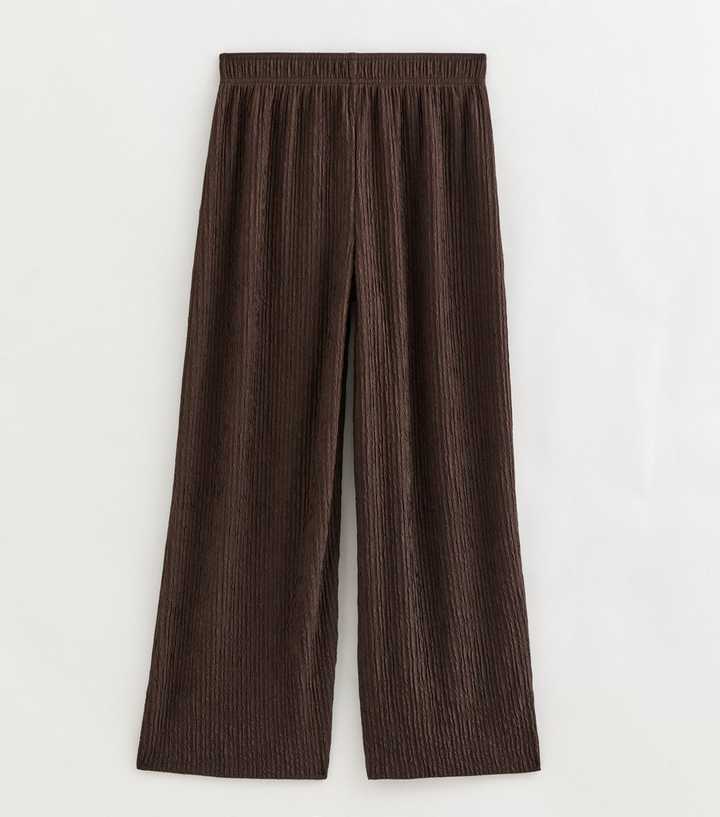 Petite Dark Brown Textured Jersey Wide Leg Trousers