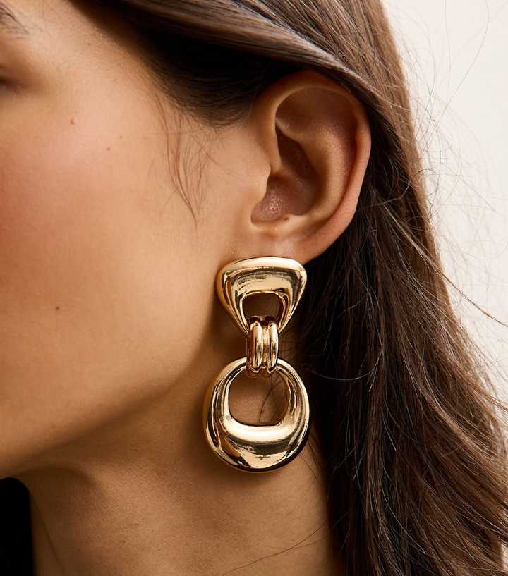 Gold Tone Circle Drop Doorknocker Clip Earrings